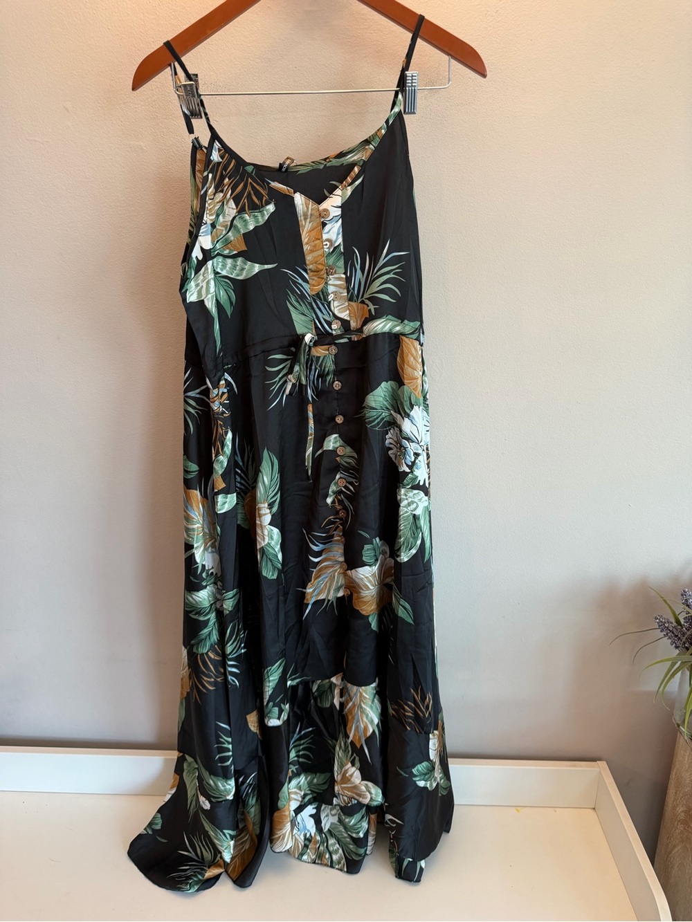 Brovave Tropical Floral Maxi Dress Black Green High Low Button Front Large‎ NWT